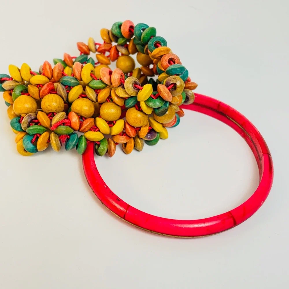Vintage Bracelet Set Multicolor Wood Bead Stretch Pink Bangle Boho Statement